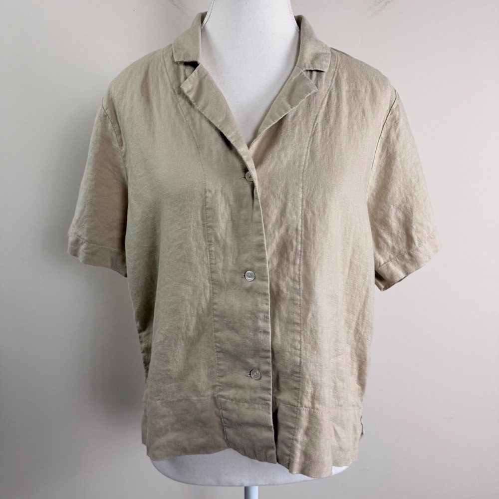 Quince Womens 100% European Linen Short Sleeve Camp Collar Shirt Beige Small - Picture 4 of 11